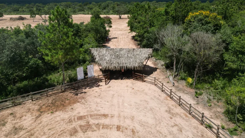 Estrada de terra cascalhada com mata verde dos dois lados levando à represa