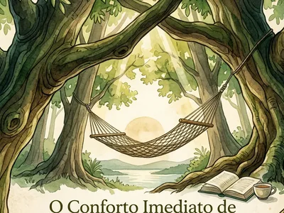 Rede amarrada entre árvores com vista para a represa